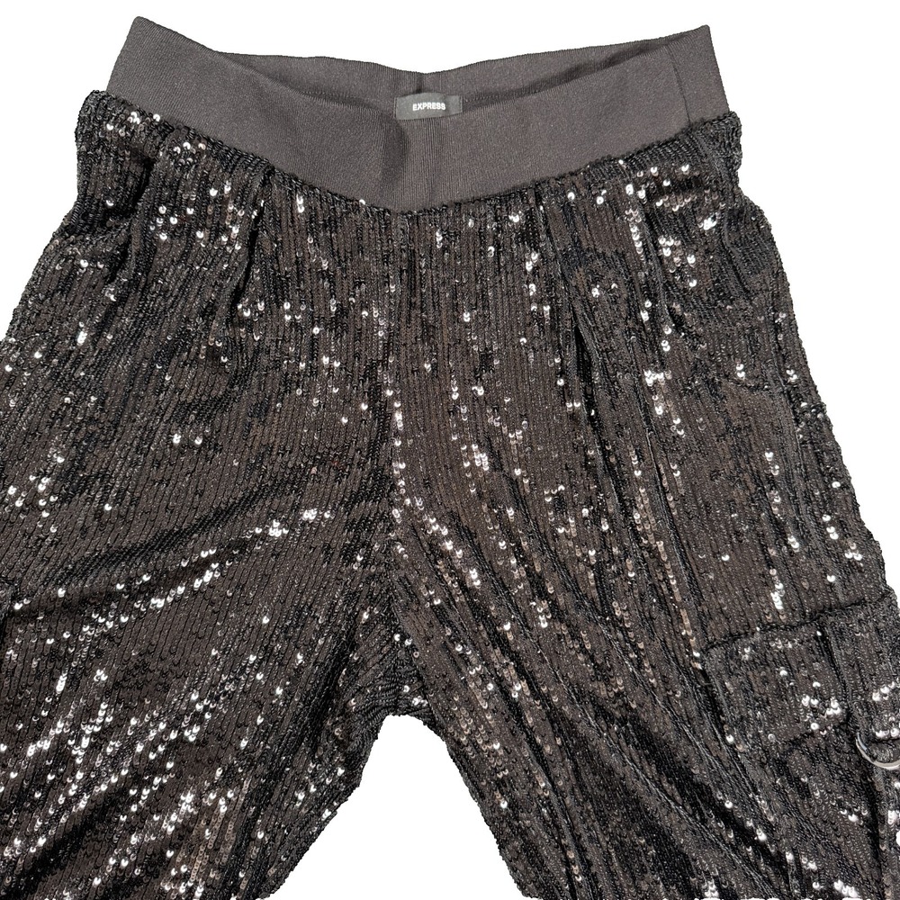 Express Jogger Women XS Black Sequin Cargo Pants Elastic Waist Sparkle 007452511